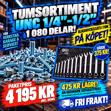 Tumsortiment UNC 1/4"–1/2" 8.8 FZB 1 080 delar + Blocknyckelsats i tum 12 delar på köpet!