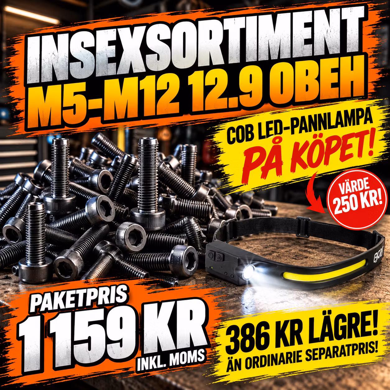 Mini Insexsortiment M5–M12 12.9 OBEH + COB LED-Pannlampa på köpet!