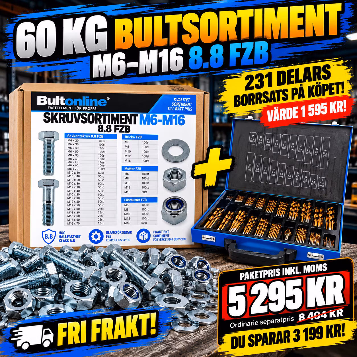 Mellan Bultsortiment M6-M16 8.8 FZB 60KG + Borrsats 231 delar PÅ KÖPET!