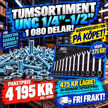 Lilla tumsortimentet UNC 1/4”–1/2” FZB + Blocknyckelsats i tum 12 delar på köpet!