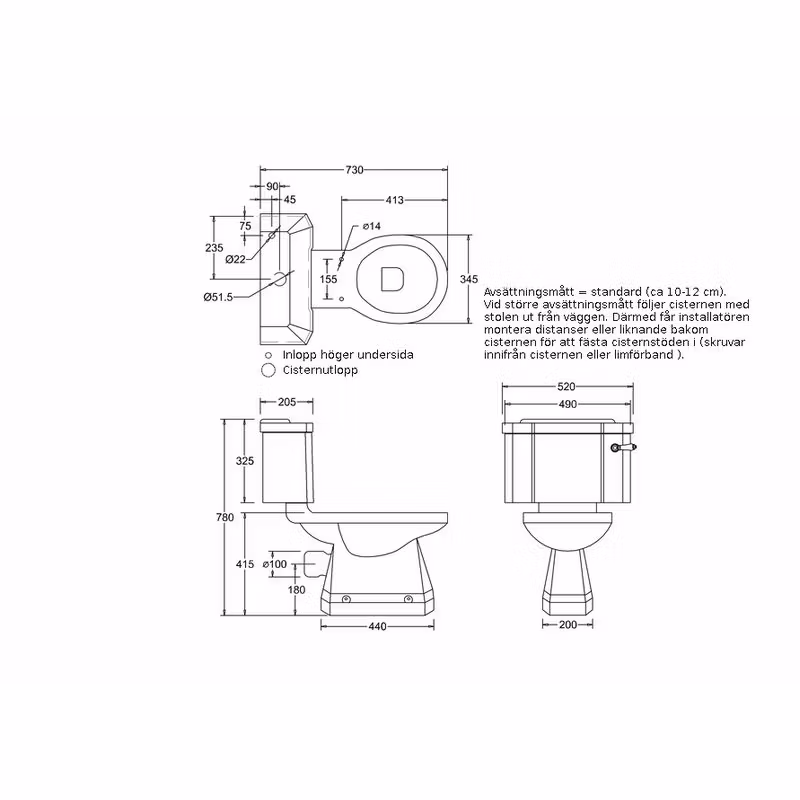 Toalett Burlington Svart med Bred Cistern