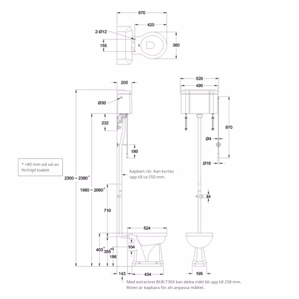 Toalett Högspolande Burlington Svart med Porslinscistern
