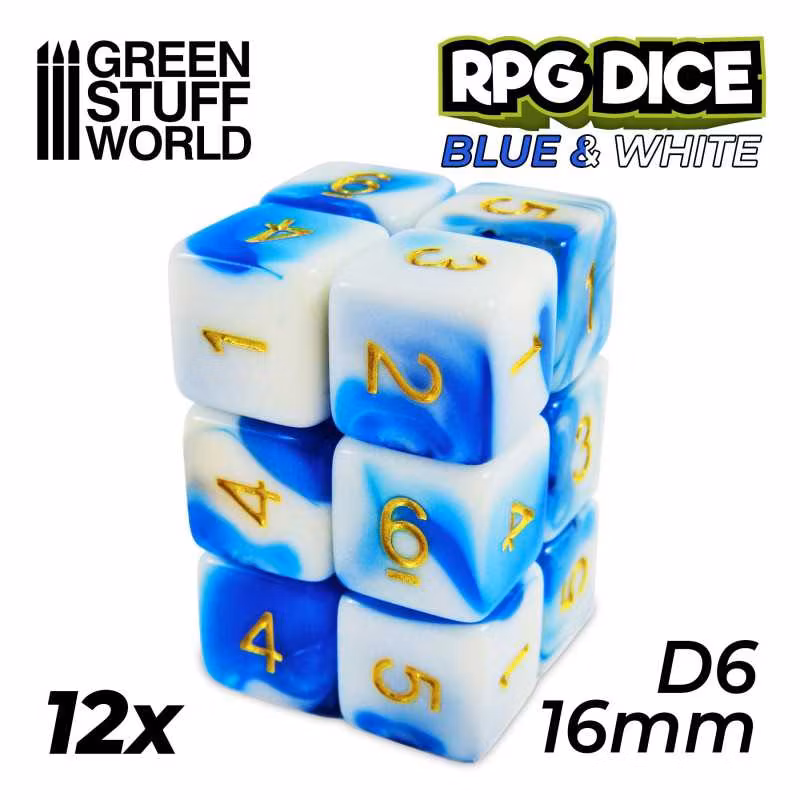 12x D6 16mm Dice - Blue White