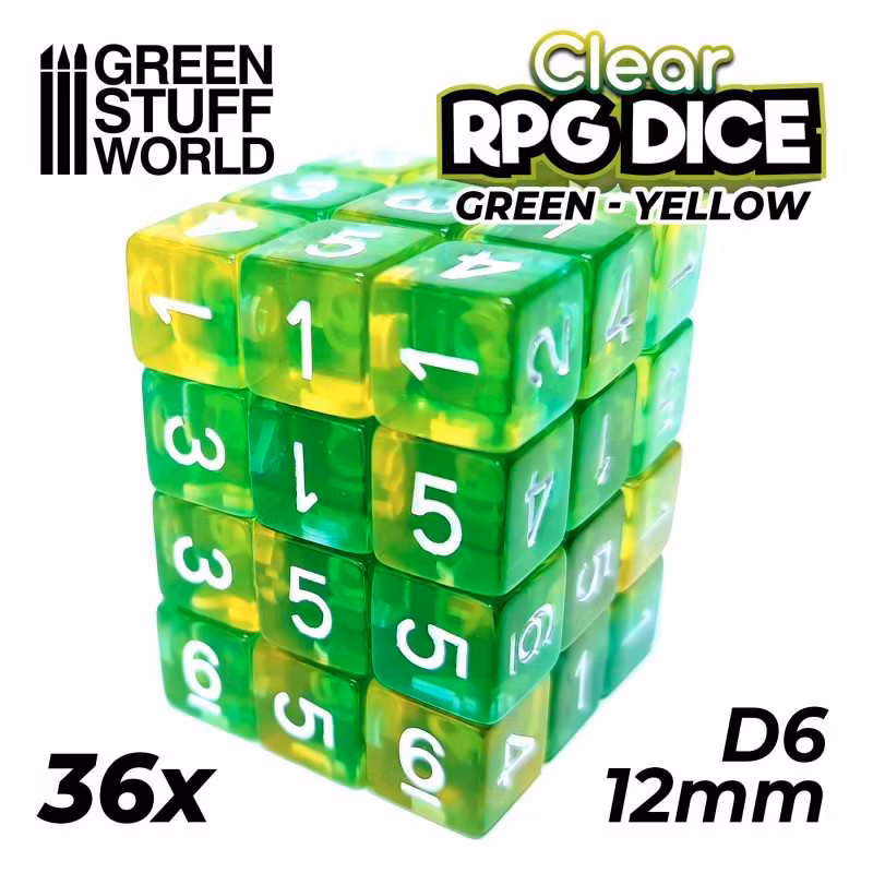 36x D6 12mm Dice - Clear Green/Yellow
