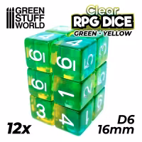 12x D6 16mm Dice - Clear Green/Yellow