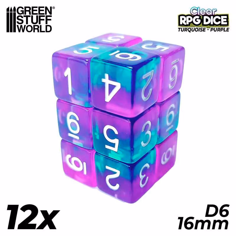 12x D6 16mm Dice - Clear Turquoise/Purple