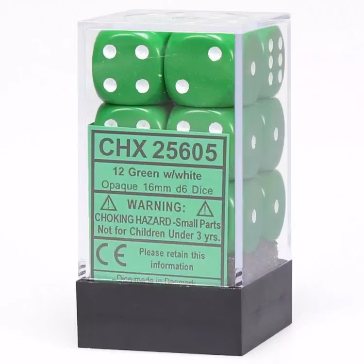 Chessex Opaque 16mm d6 with pips Dice Blocks (12 Dice) - Green w/white