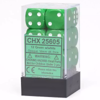 Chessex Opaque 16mm d6 with pips Dice Blocks (12 Dice) - Green w/white