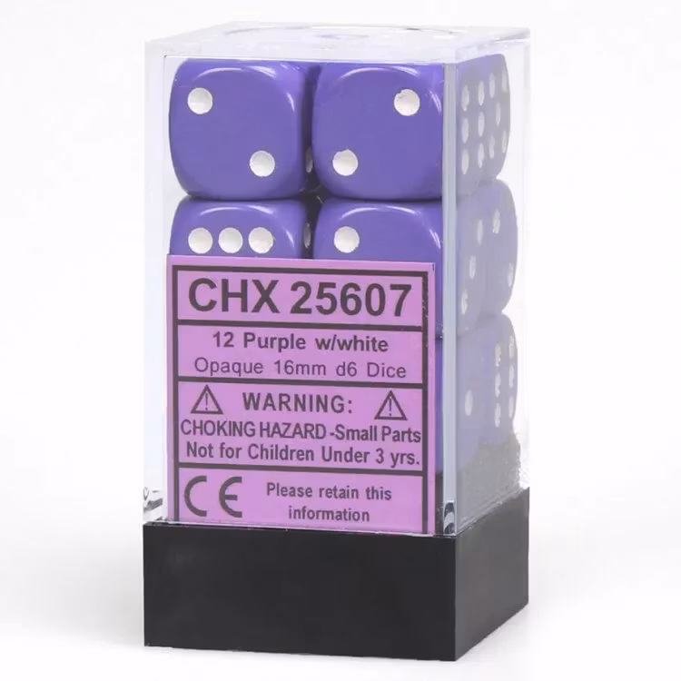 Chessex Opaque 16mm d6 with pips Dice Blocks (12 Dice) - Purple w/white