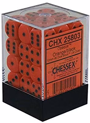 Chessex Opaque 12mm d6 with pips Dice Blocks (36 Dice) - Orange w/black