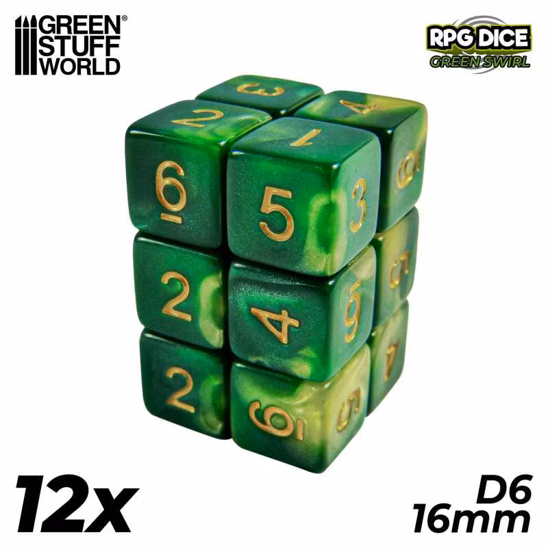 12x D6 16mm Dice - Green Swirl