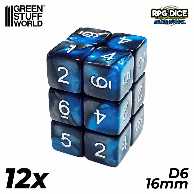 12x D6 16mm Dice - Blue Swirl
