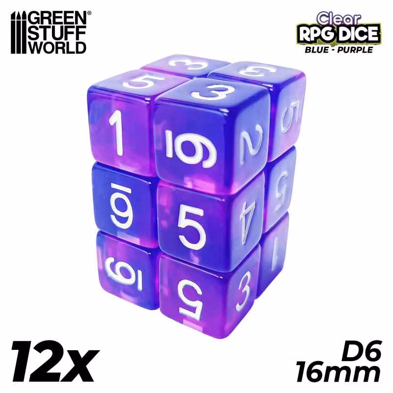 12x D6 16mm Dice - Clear Blue/Purple