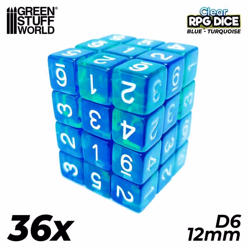 36x D6 12mm Dice - Clear Blue/Turquoise