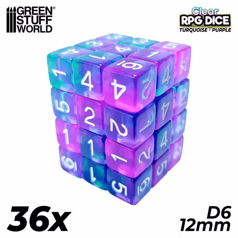 36x D6 12mm Dice - Clear Turquoise/Purple
