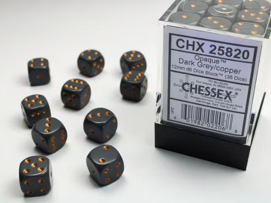 Chessex Opaque 12mm d6 with pips Dice Blocks (36 Dice) - Black w/gold