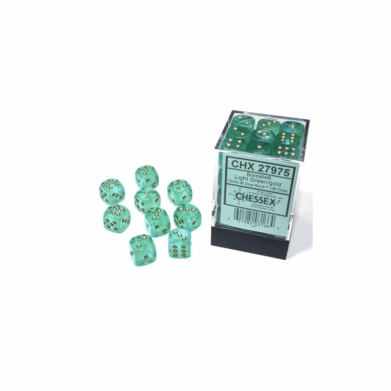 Chessex: Borealis Light Green/gold Luminary 12mm d6 Dice Block (36 dice)