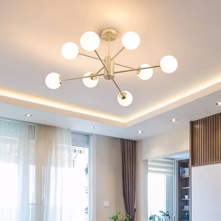 Design taklampa i sandguld med mjölkvitt glas - 8-ljus Idaho