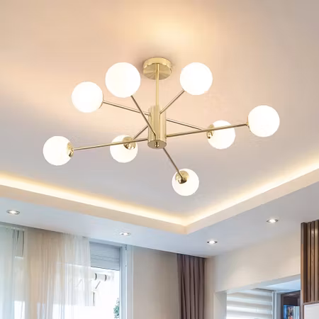 Design taklampa i sandguld med mjölkvitt glas - 8-ljus Idaho