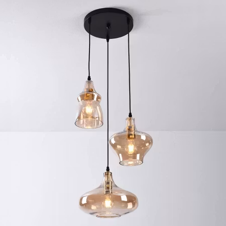 Industriell pendellampa med bärnstensfärgat glas, 3 ljuskällor - Trinidad