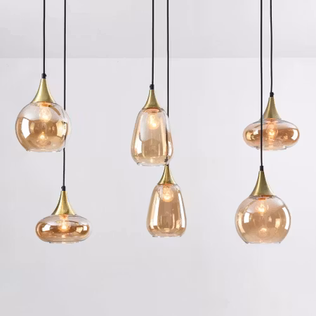 Guldfärgad pendellampa med bärnstensfärgat glas, 6 ljus - Loic