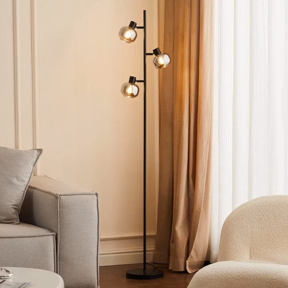 Svart golvlampa med rökgrått glas och spegeleffekt 3-ljus – Jesse