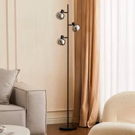 Svart golvlampa med rökgrått glas och spegeleffekt 3-ljus – Jesse
