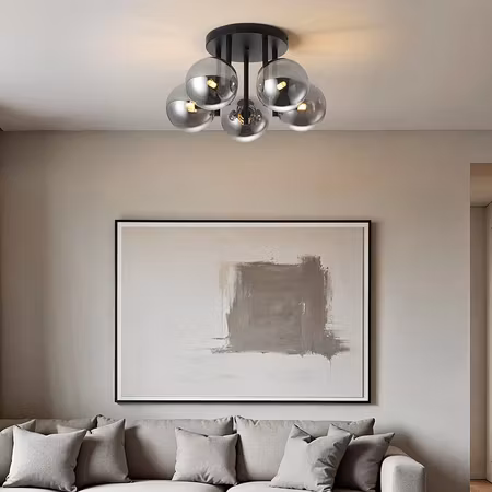 Modern taklampa Amora svart med rökglas 5-ljus