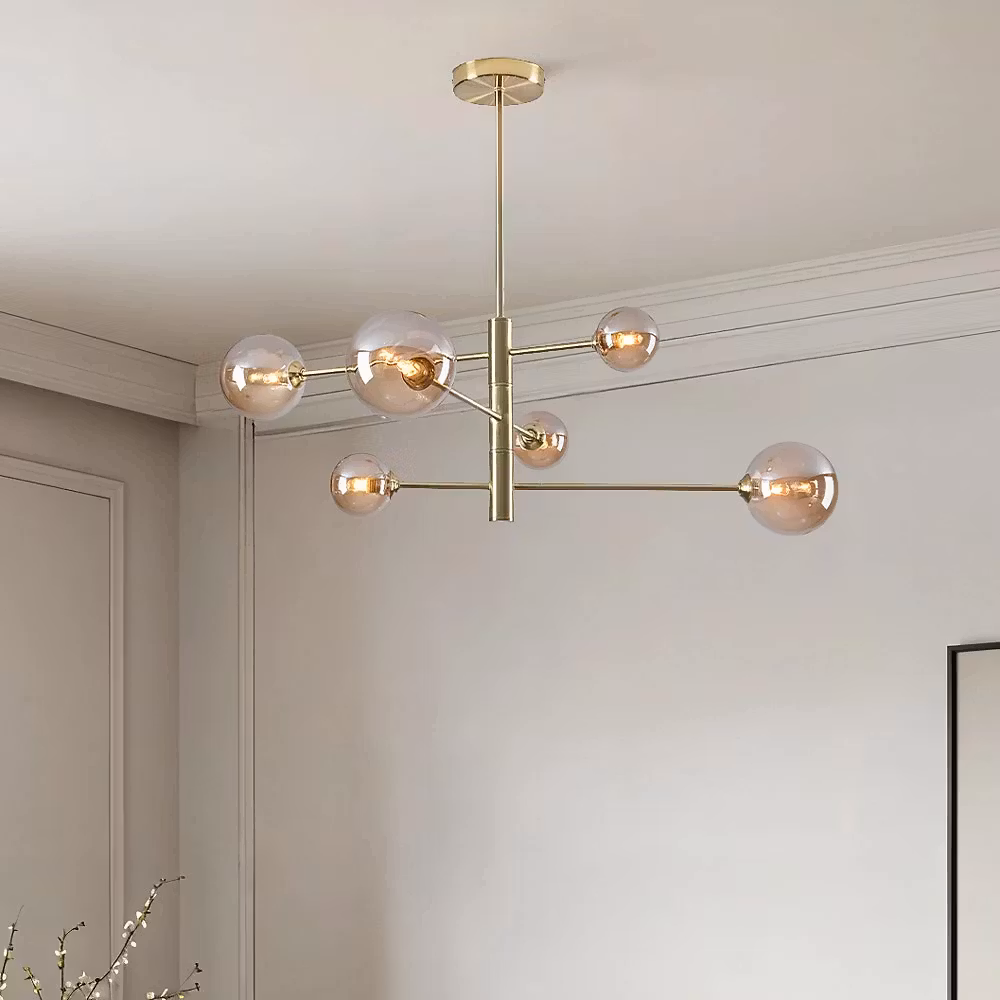 Design taklampa guld med amberglas 6-ljus – Sest