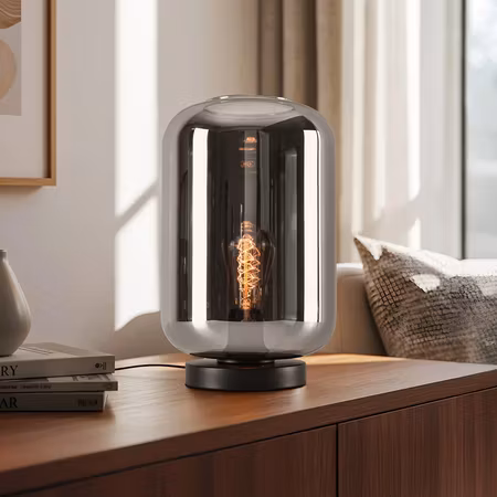 Modern bordslampa i glas svart med rökglas – Solo