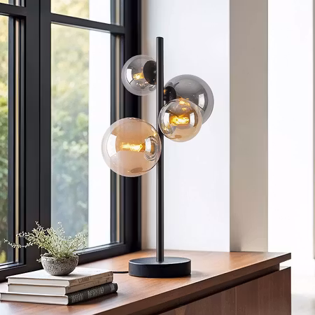 Design bordslampa Tessera svart med amber- och rökglas 4-ljus
