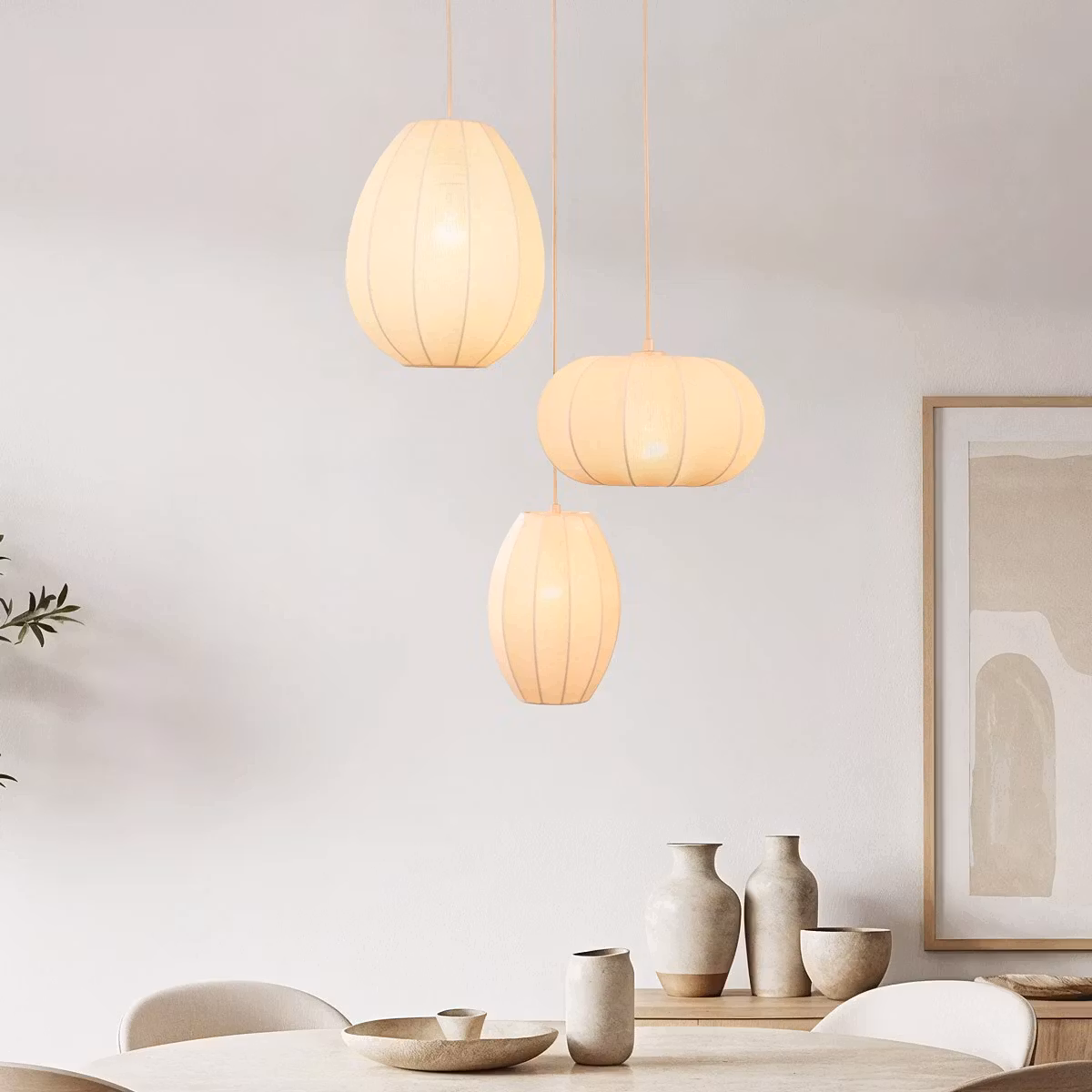 Japandi pendellampa med 3 tyglyktor – Fabricia – Beige