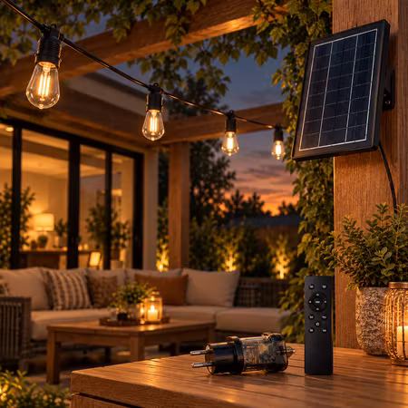 LY Sweden Hybrid Ljusslinga E27 10-20 m med 20-40 LED-lampor – Solenergi & 230V - IP65