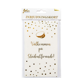 Inbjudningskort Student Vit/Guld, 6-pack