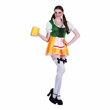 Oktoberfest dam budget maskeraddräkt inkluderar en gul kjol som sitter ihop med den tillhörande överdelen. Komplettera med ölsejdel och knähöga strumpor för den perfekta outfiten. Finns i storlekarna: