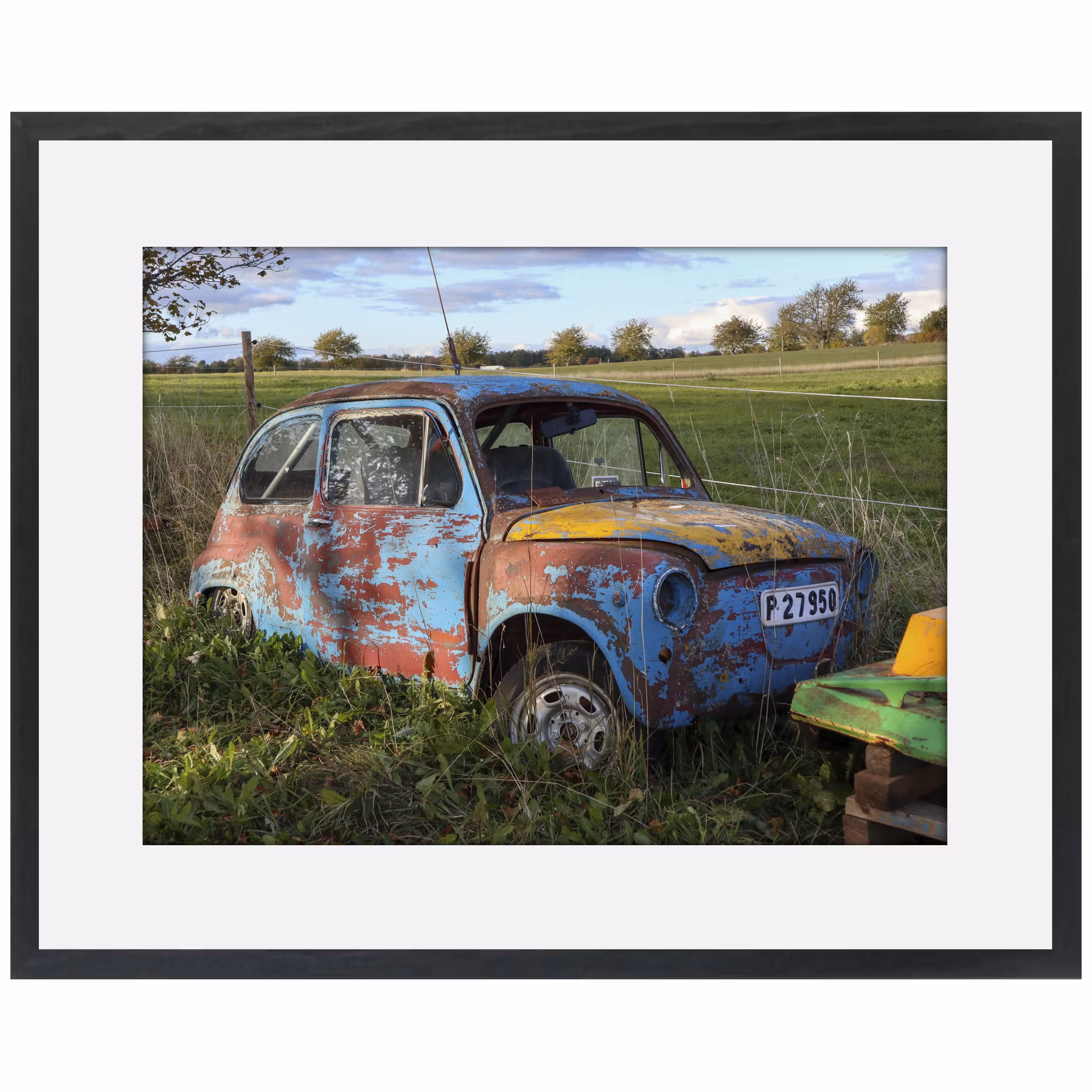Foto Fiat i Gräset 50x40 svart ram med passepartout