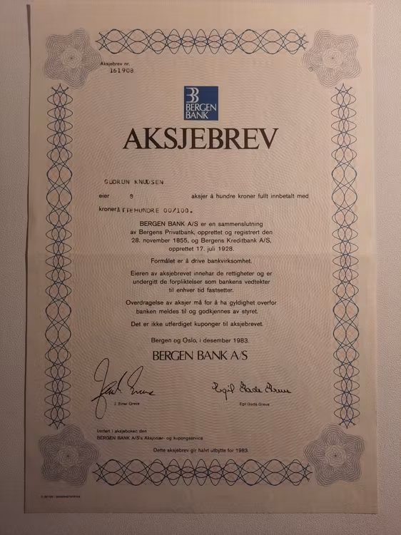 Aksjebrev Bergen Bank 1983