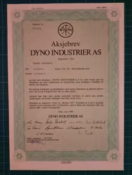 Aksjebrev Dyno Industrier 1985