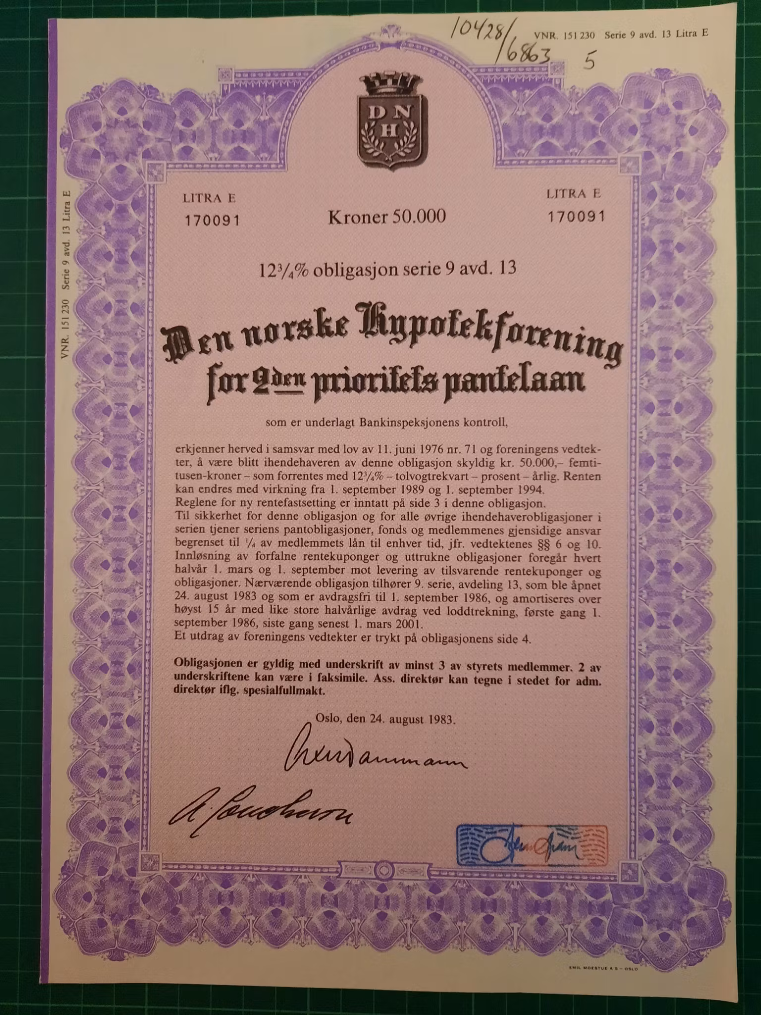 Obligasjon Den Norske hypotekforening 1983 50.000,-