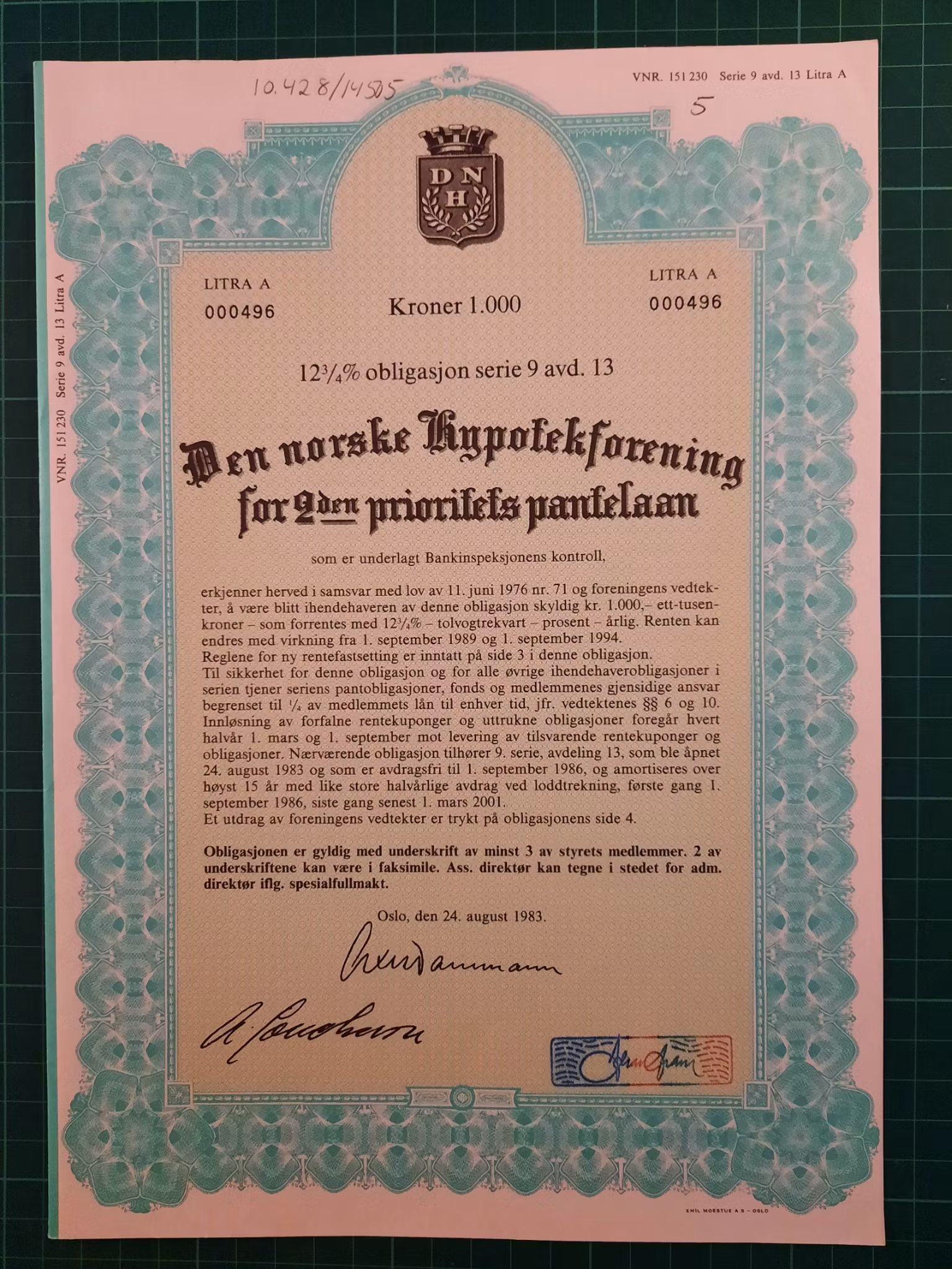 Obligasjon Den Norske hypotekforening 1983 1.000,-