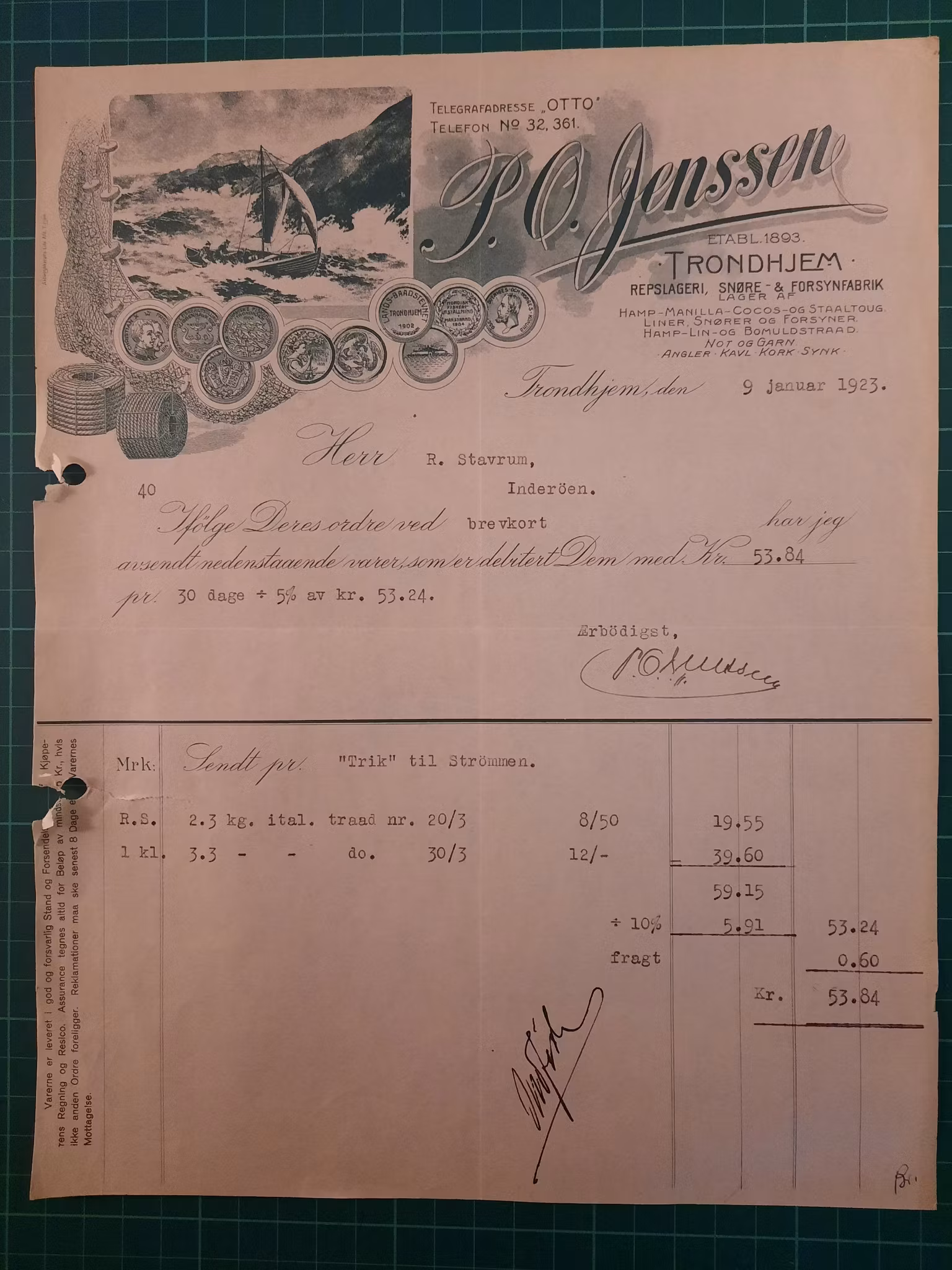 Faktura P.O. Jenssen 1923