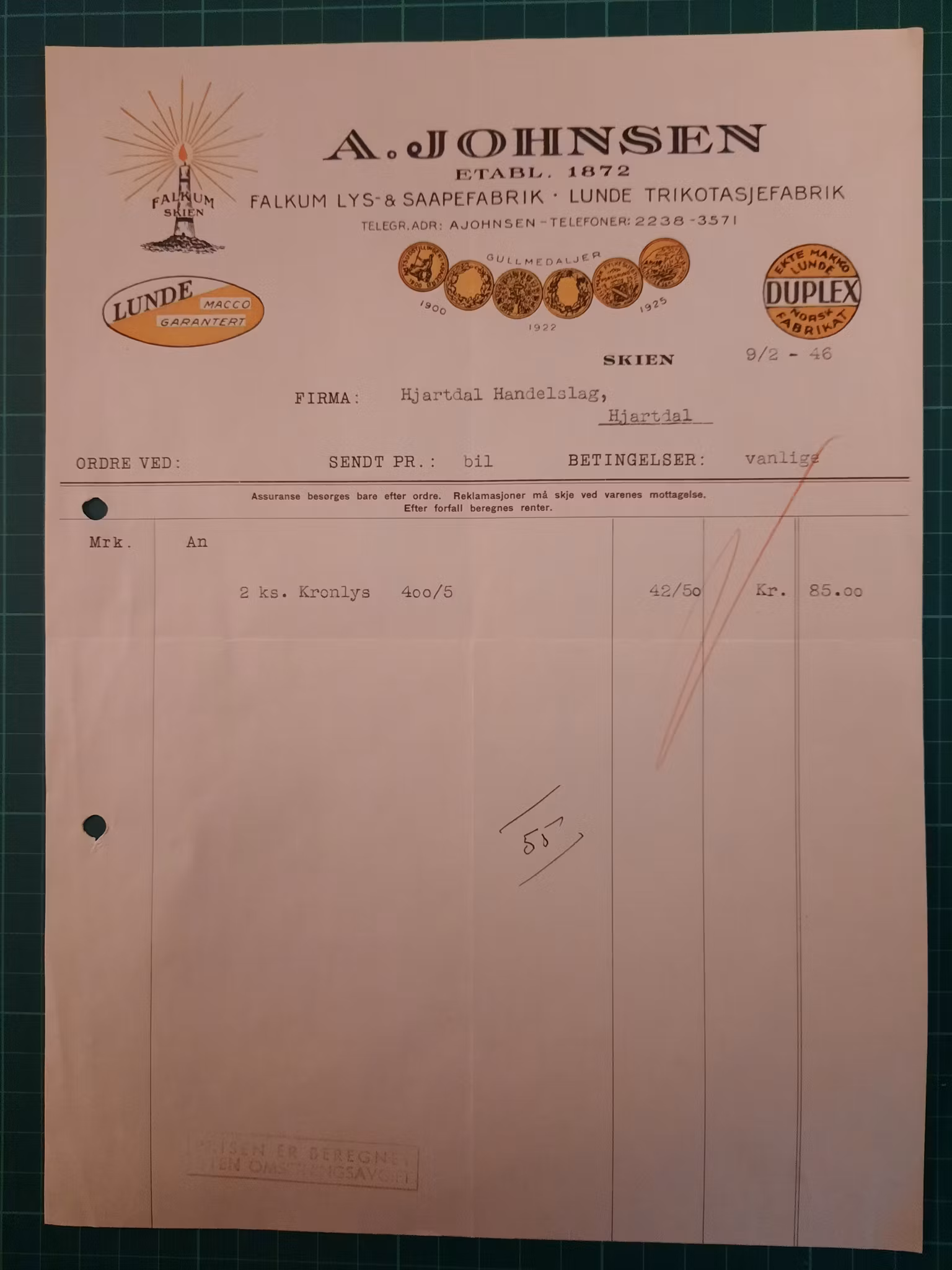 Faktura A. Johnsen 1946