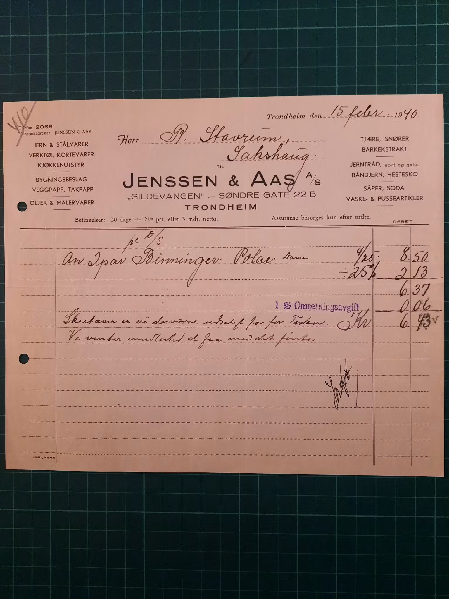 Faktura Jensen & Aas 1940