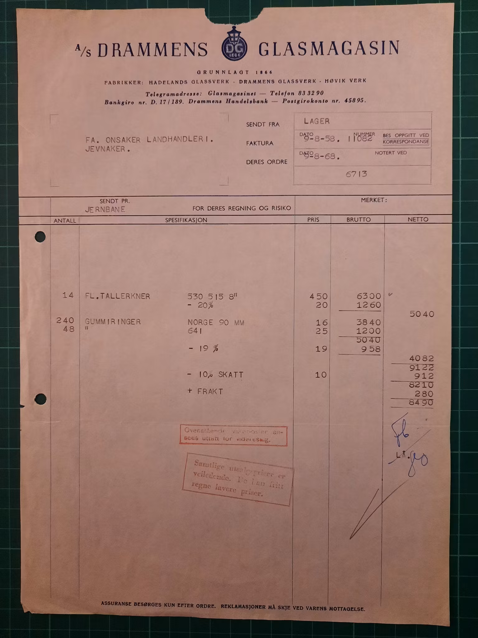 Faktura Drammens Glasmagasin 1958