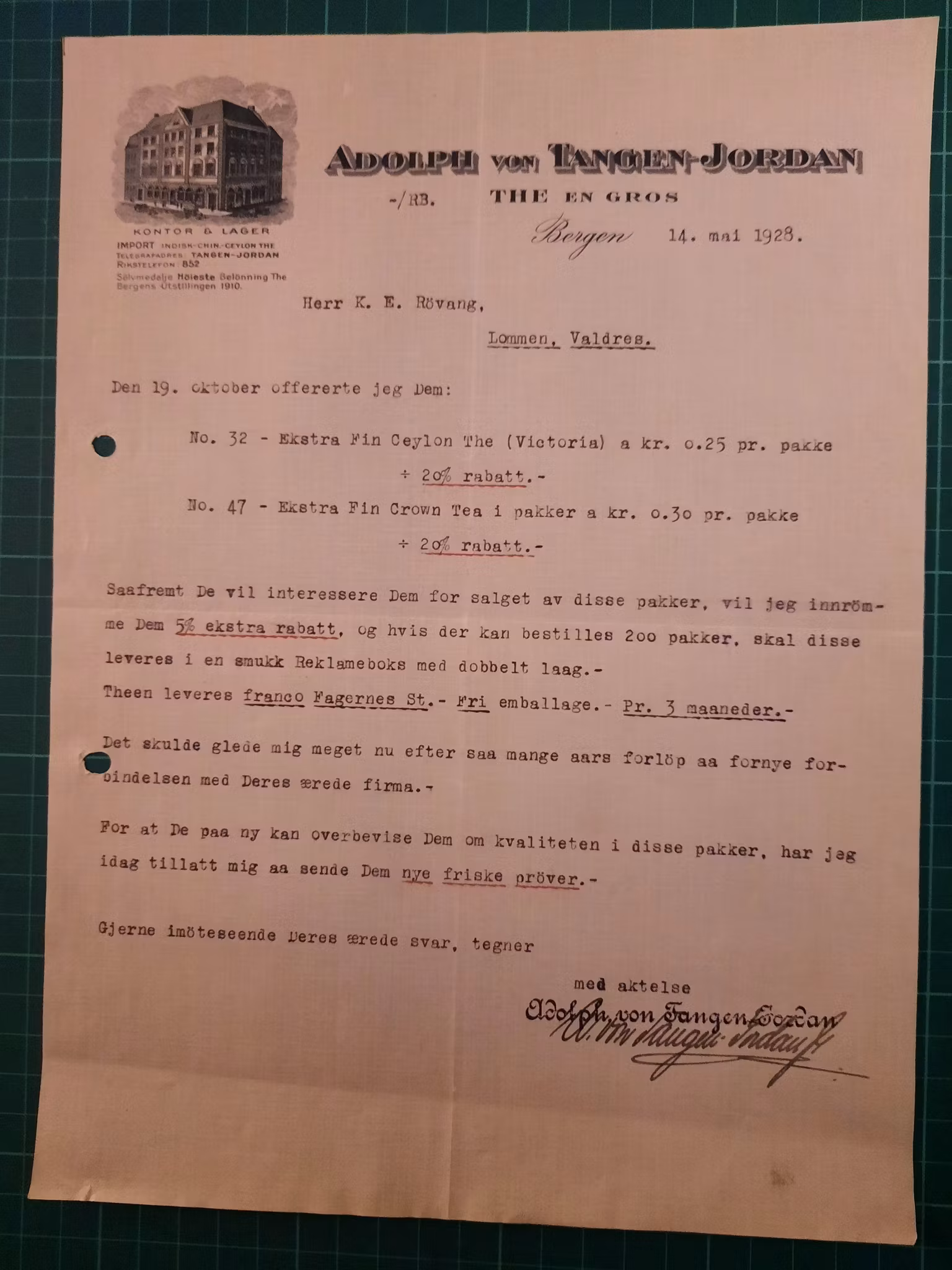 Faktura Adolph von Tangen-Jordan 1928