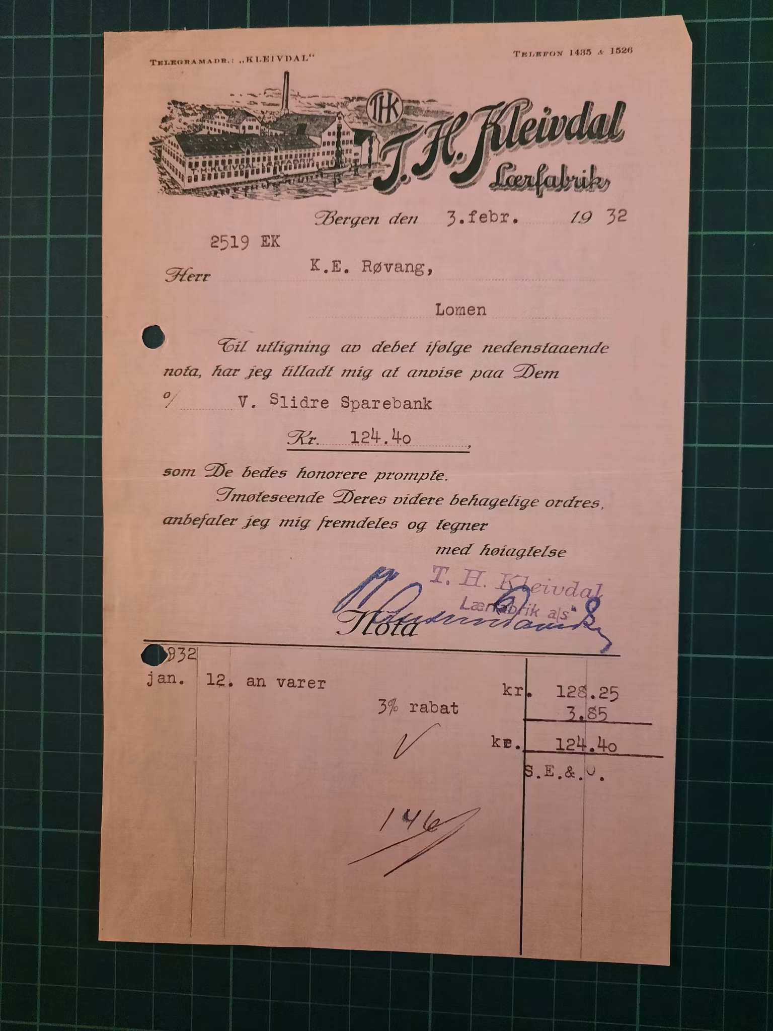 Faktura T.H. Kleivdal lærfabrik 1932