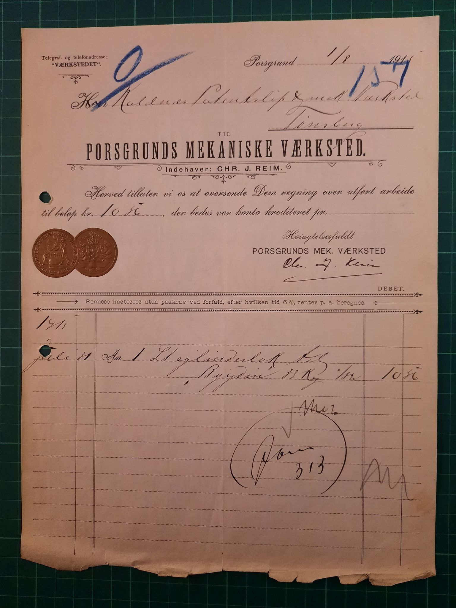 Faktura Porsgrunds mekaniske verksted 1915