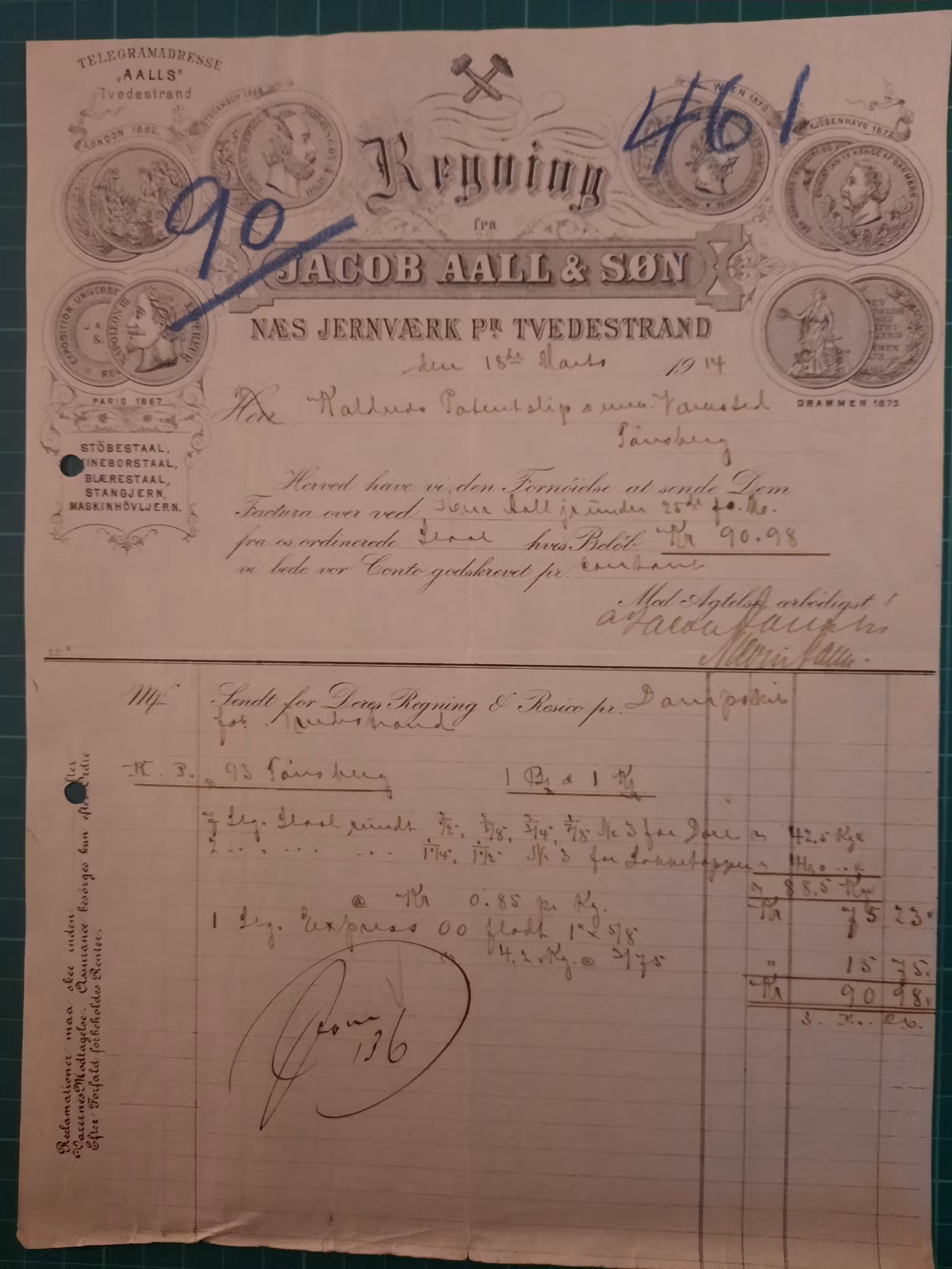 Faktura Jacob Aall & søn (Næs jernverk) 1914