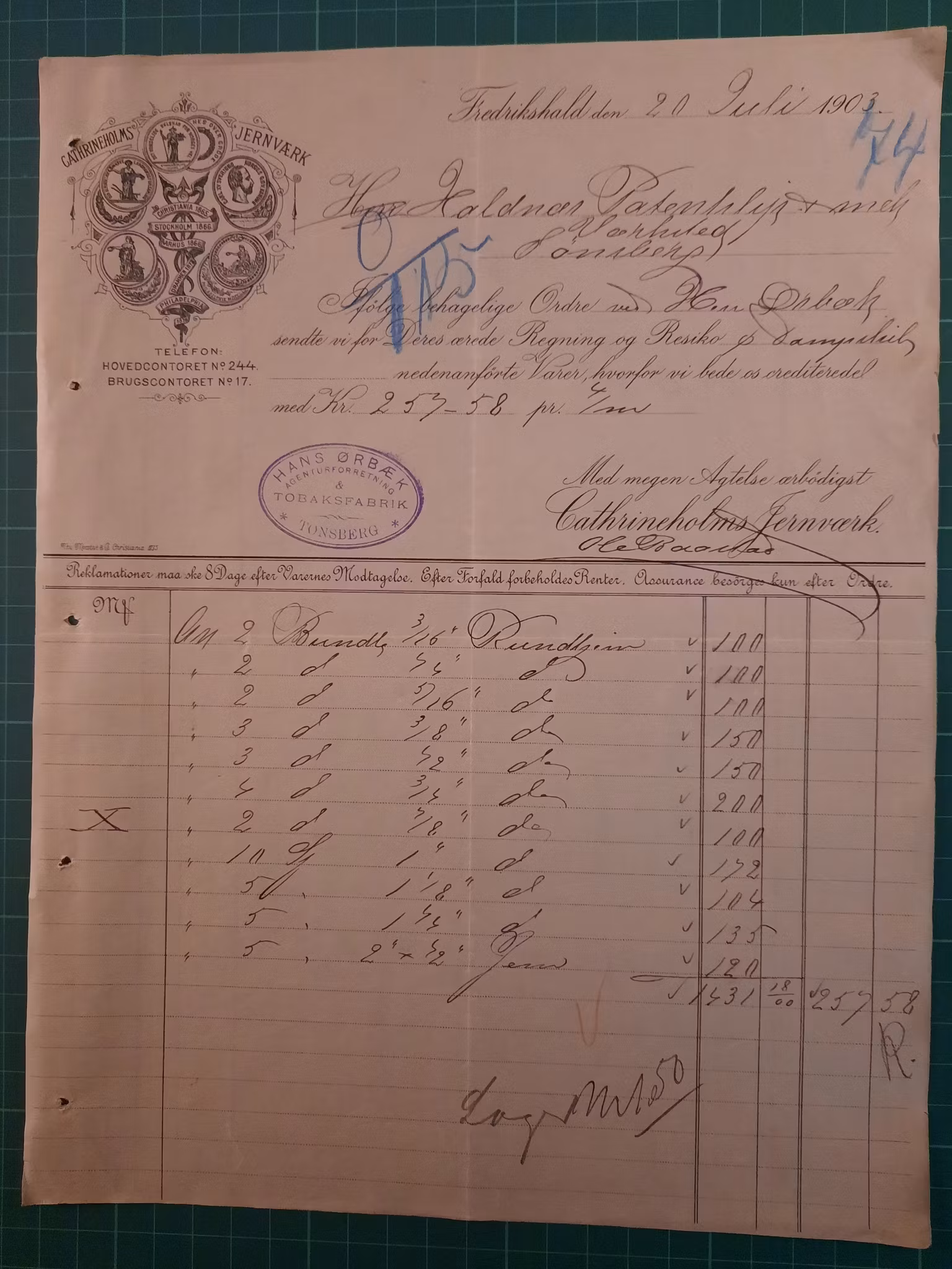 Faktura Cathrineholm jernværk 1903