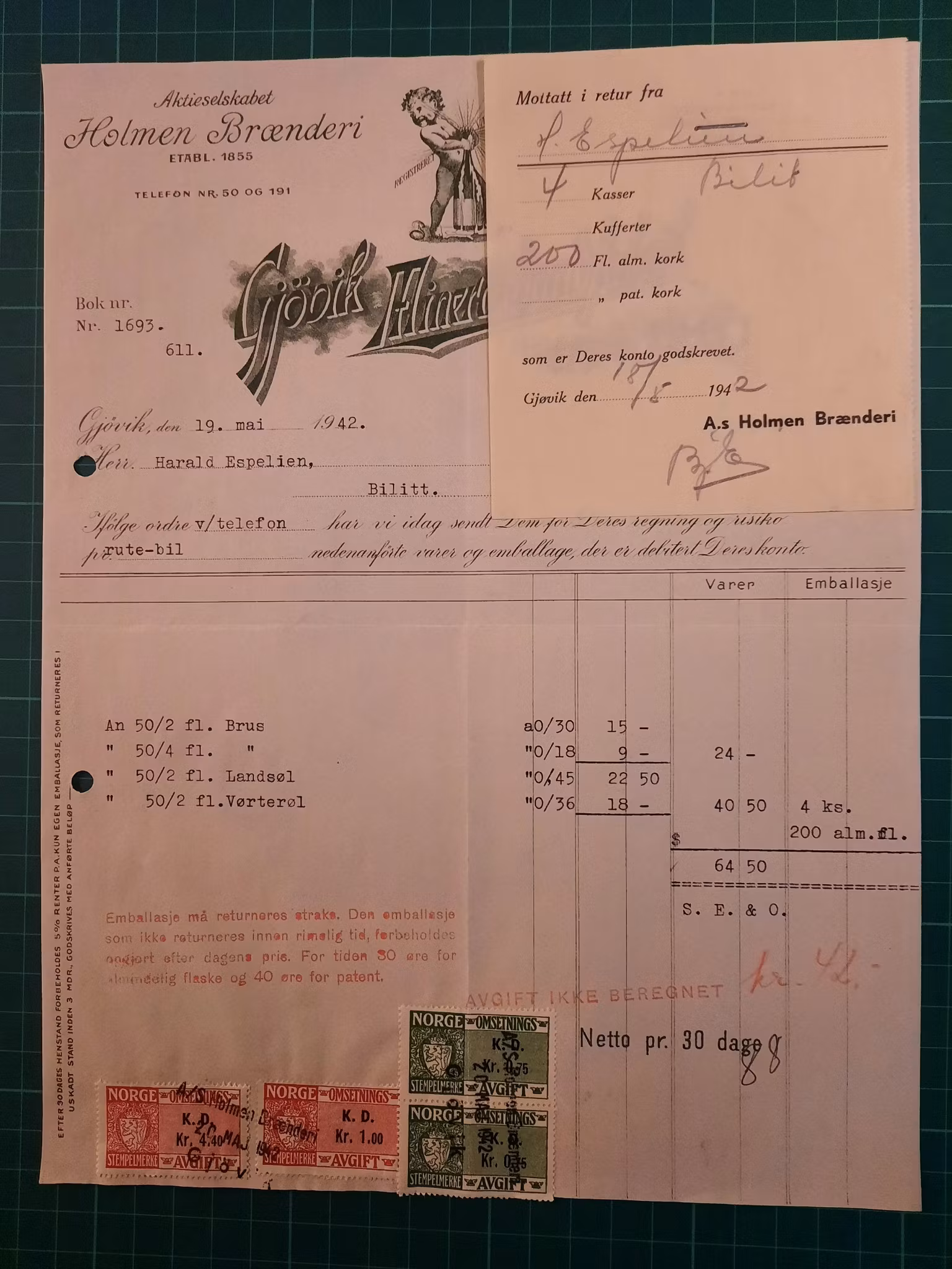 Faktura Gjøvik Mineralvandfabrik 1942 m/omsetningsmerker